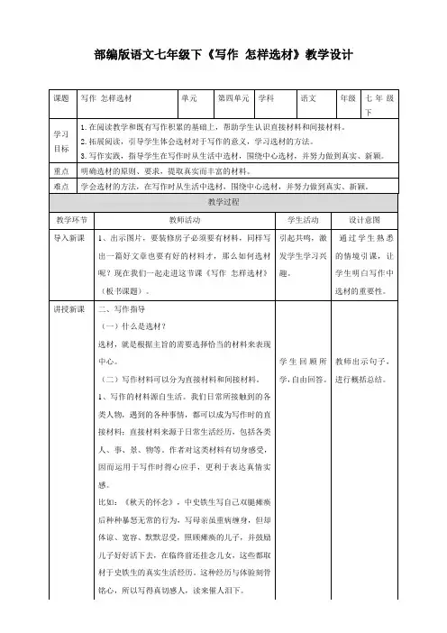 人教部编版语文七年级下册第四单元《写作——怎样选材》（教案）