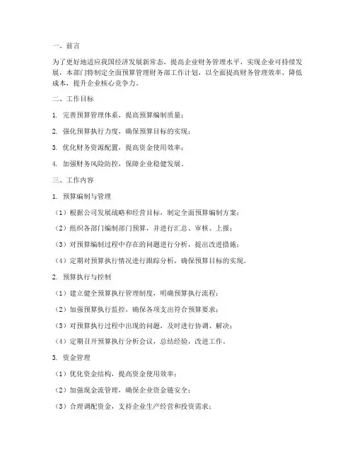 全面预算管理财务部工作计划