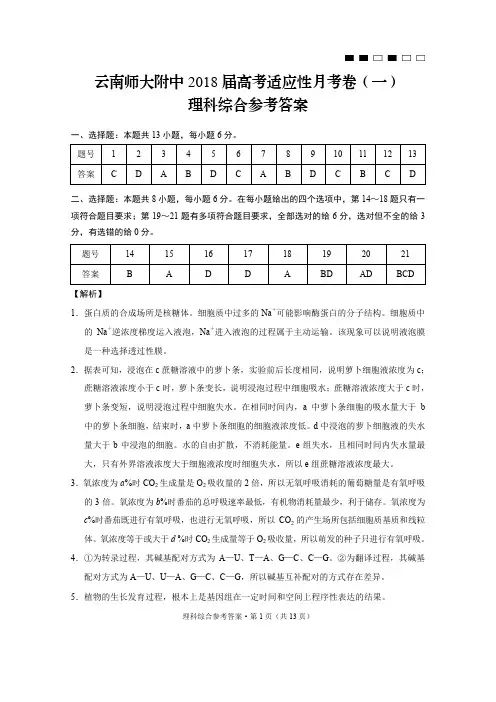 云南师大附中2018届高考适应性月考卷(1)理综-答案