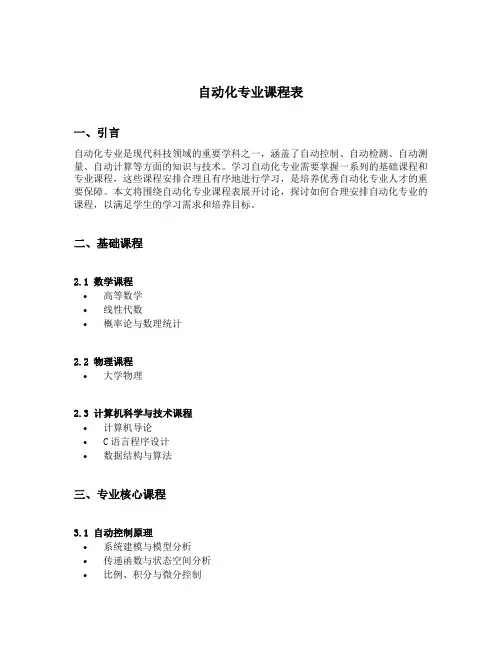 自动化专业课程表