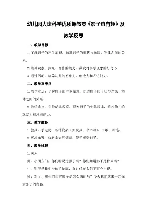 幼儿园大班科学优质课教案《影子真有趣》及教学反思