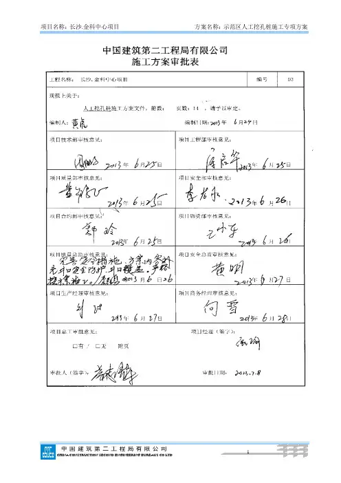 (中建二局).金科中心项目示范区人工挖孔桩施工方案
