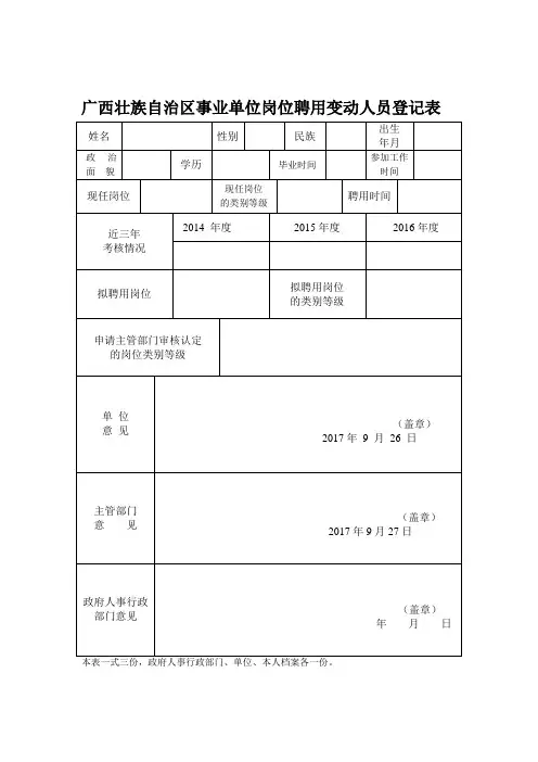 事业单位岗位聘用变动人员登记表