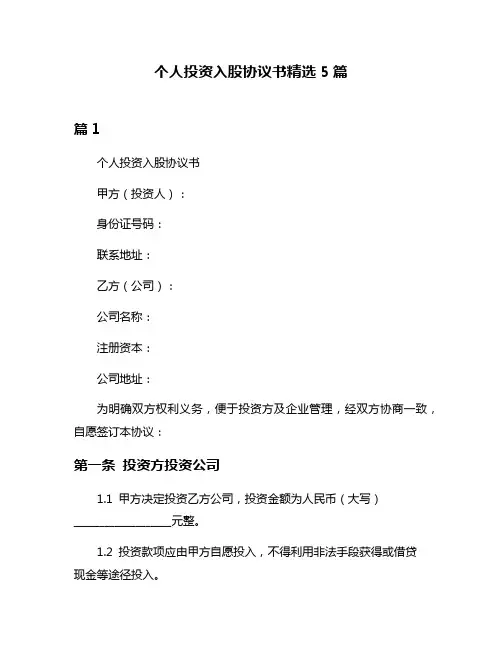 个人投资入股协议书精选5篇