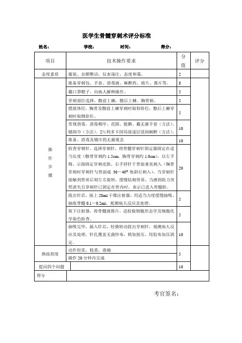 医学生操作考试骨髓穿刺术评分标准