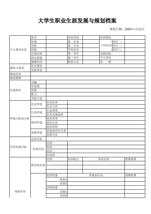 大学生职业生涯发展与规划档案标准表格