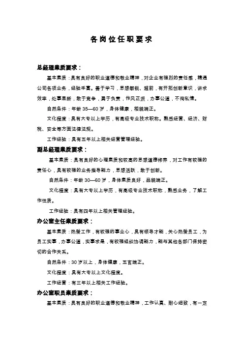 各岗位任职要求