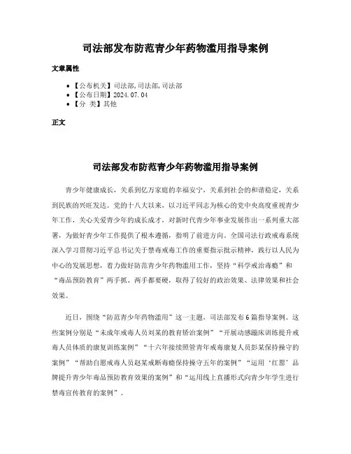 司法部发布防范青少年药物滥用指导案例