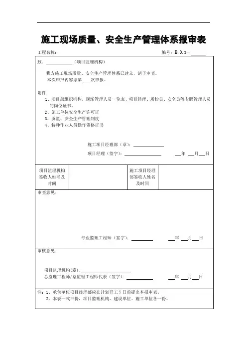 施工现场质量、安全生产管理体系报审表