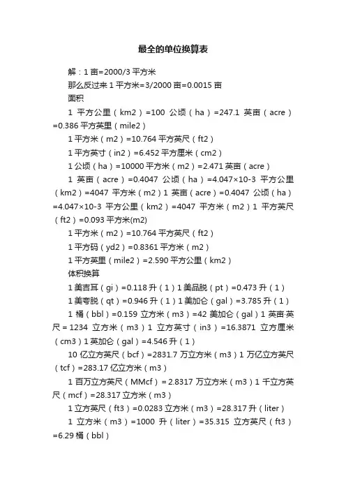 最全的单位换算表