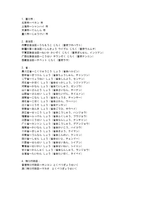 中国省、市、自治区等的日文读法