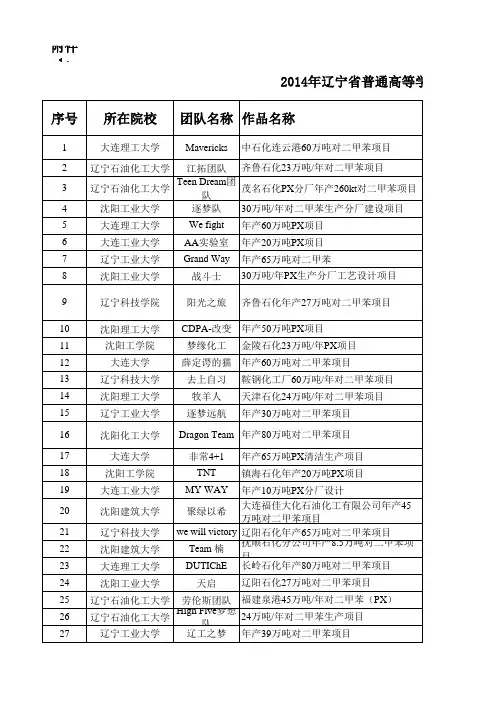 2014年辽宁省普通高等学校本科大学生化工设计创业竞赛学生获奖名单名单