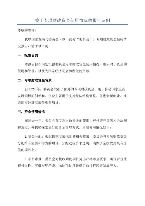 关于专项财政资金使用情况的报告范例