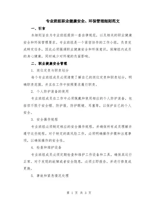 专业班组职业健康安全、环保管理细则范文