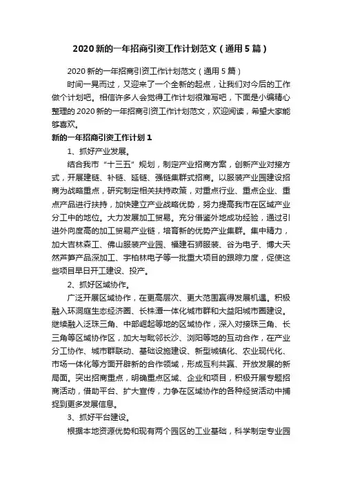 2020新的一年招商引资工作计划范文（通用5篇）