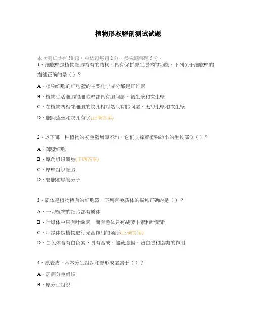 植物形态解剖测试试题
