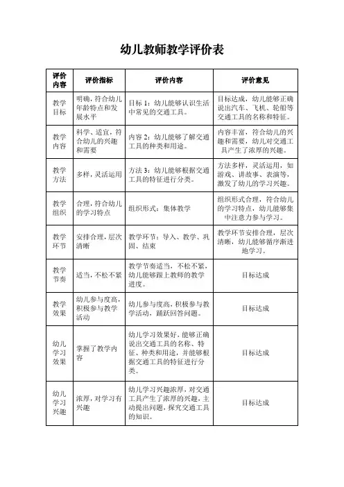 幼儿园教师教学评价表