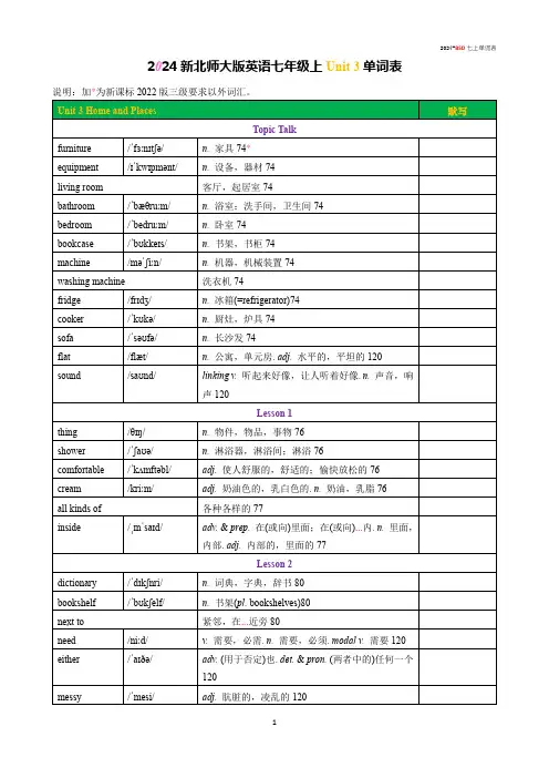2024新北师大版英语七年级上Unit 3 Home and Places单词表