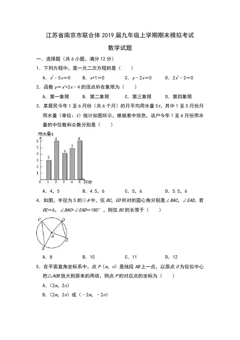 南京市联合体2019届九年级上期末模拟考试数学试题(含答案解析)