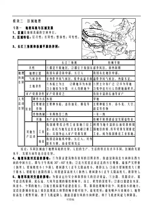 高中地理必修三区域地理复习提纲