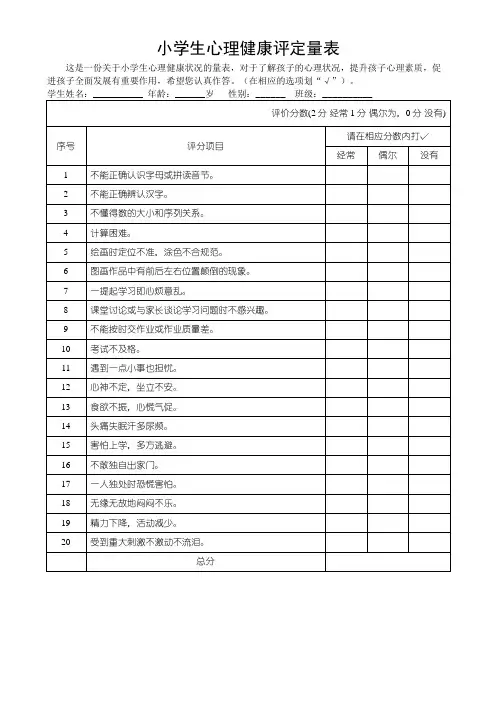 小学生心理健康评定量表模板(可修改)