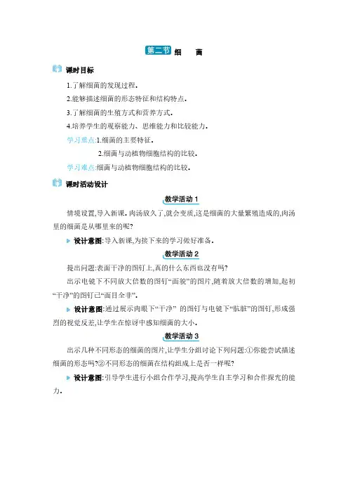 2024年人教版七年级生物上册教学设计全册第三章  微生物第二节 细菌
