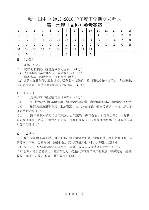 2015-2016高一地理(文科)下学期期末考试答案