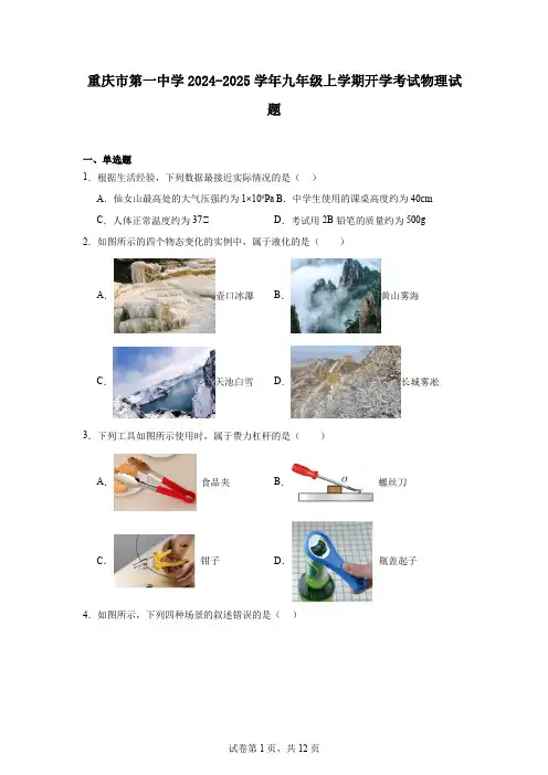 重庆市第一中学2024-2025学年九年级上学期开学考试物理试题