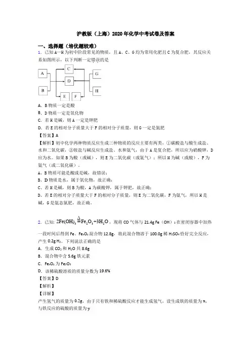 沪教版(上海)2020年化学中考试卷及答案