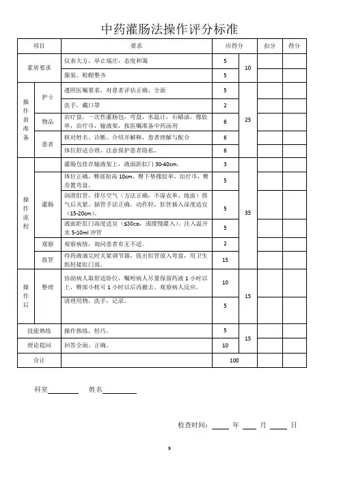 中医中药保留灌肠法操作评分标准