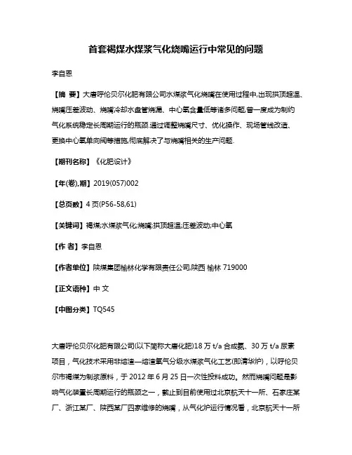 首套褐煤水煤浆气化烧嘴运行中常见的问题