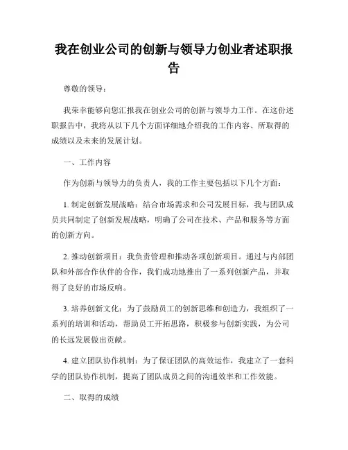我在创业公司的创新与领导力创业者述职报告