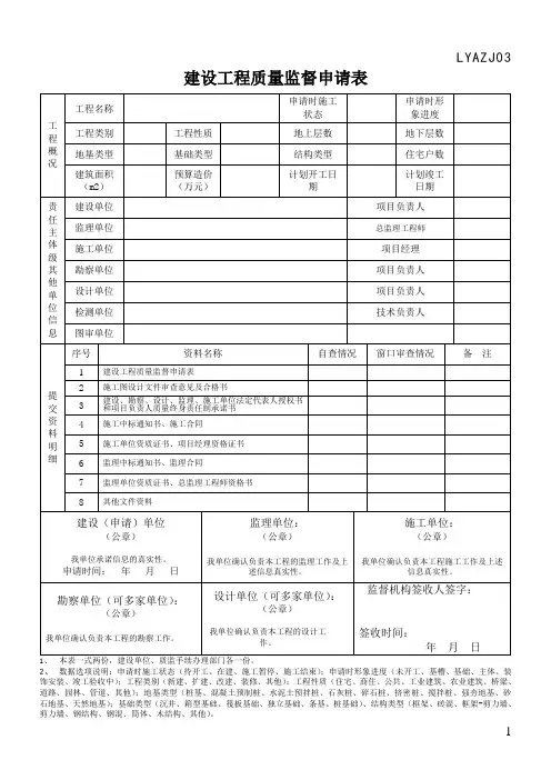 建设工程质量安全监督申请资料表格