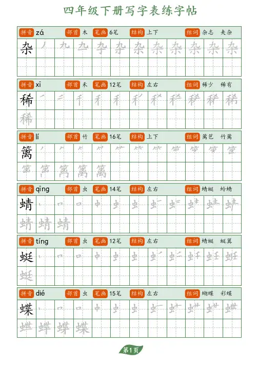 部编人教小学语文硬笔书法字帖写字表-四年级下册