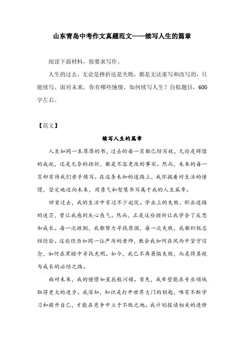 山东青岛中考作文真题范文——续写人生的篇章