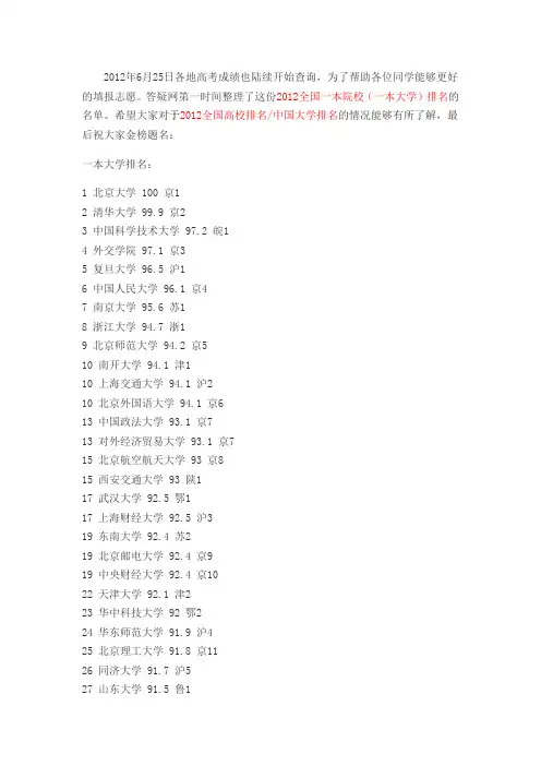 2012全国一本院校(一本大学)排名汇总