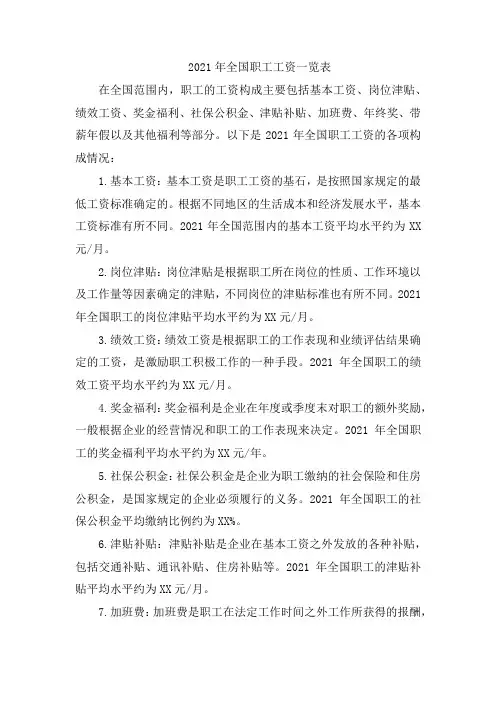 2021年全国职工工资一览表