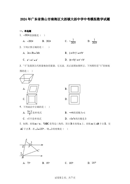2024年广东省佛山市南海区大沥镇大沥中学中考模拟数学试题
