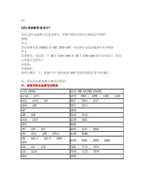 L2Y2及其常用铝合金牌号对照表