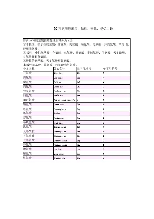 20种氨基酸缩写,结构,特性,记忆口诀