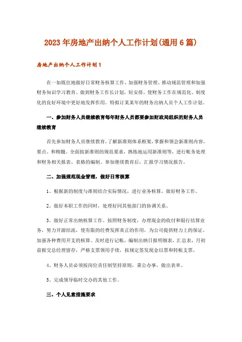2023年房地产出纳个人工作计划(通用6篇)