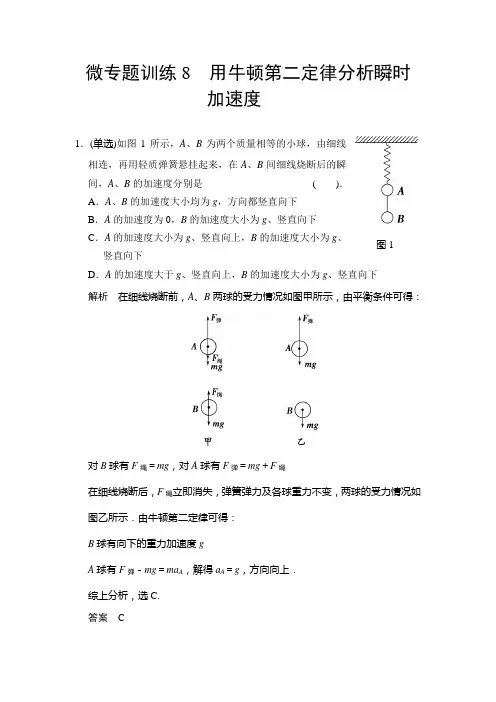 微专题训练8 用牛顿第二定律分析瞬时加速度