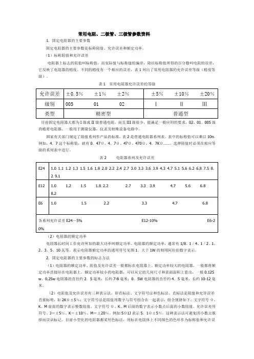 常用电阻 二极管 三极管参数资料