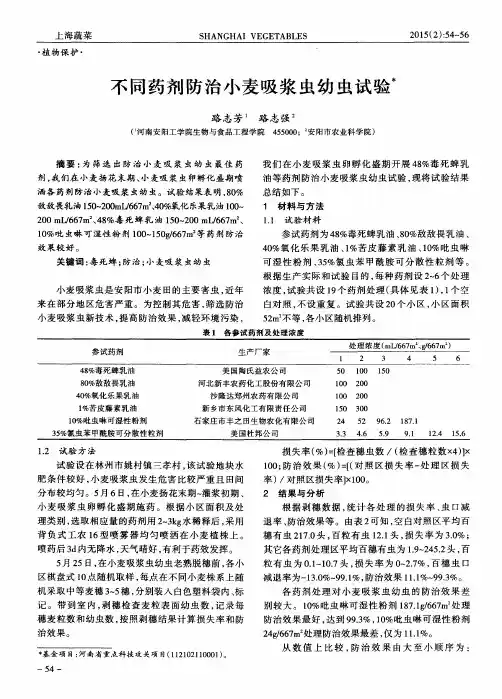 不同药剂防治小麦吸浆虫幼虫试验