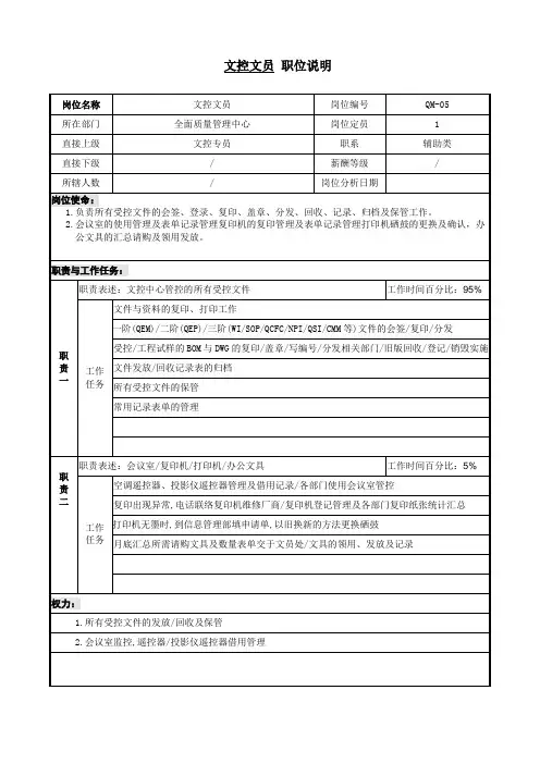 文控文员职位说明书