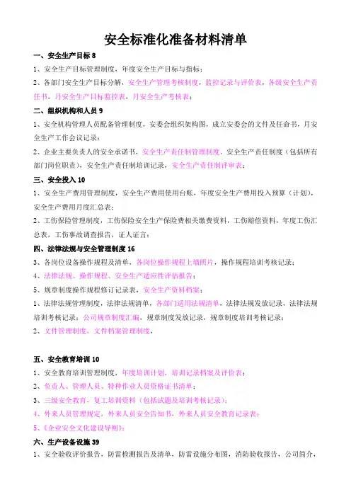 安全标准化各项所需材料清单