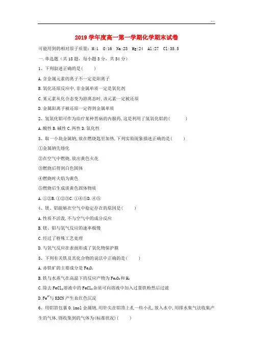 2020学年高一化学上学期期末考试试题 人教新版