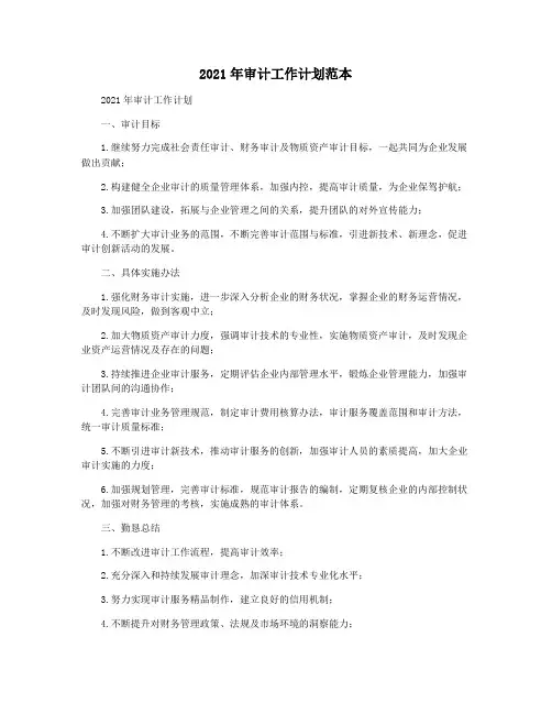 2021年审计工作计划范本