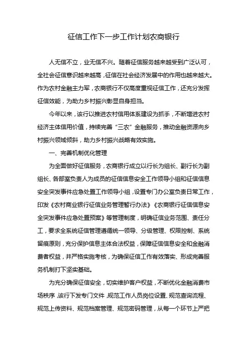征信工作下一步工作计划农商银行