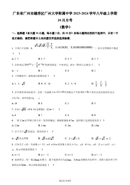 广州大学附属中学2023-2024学年八年级上学期月考数学试题及参考答案